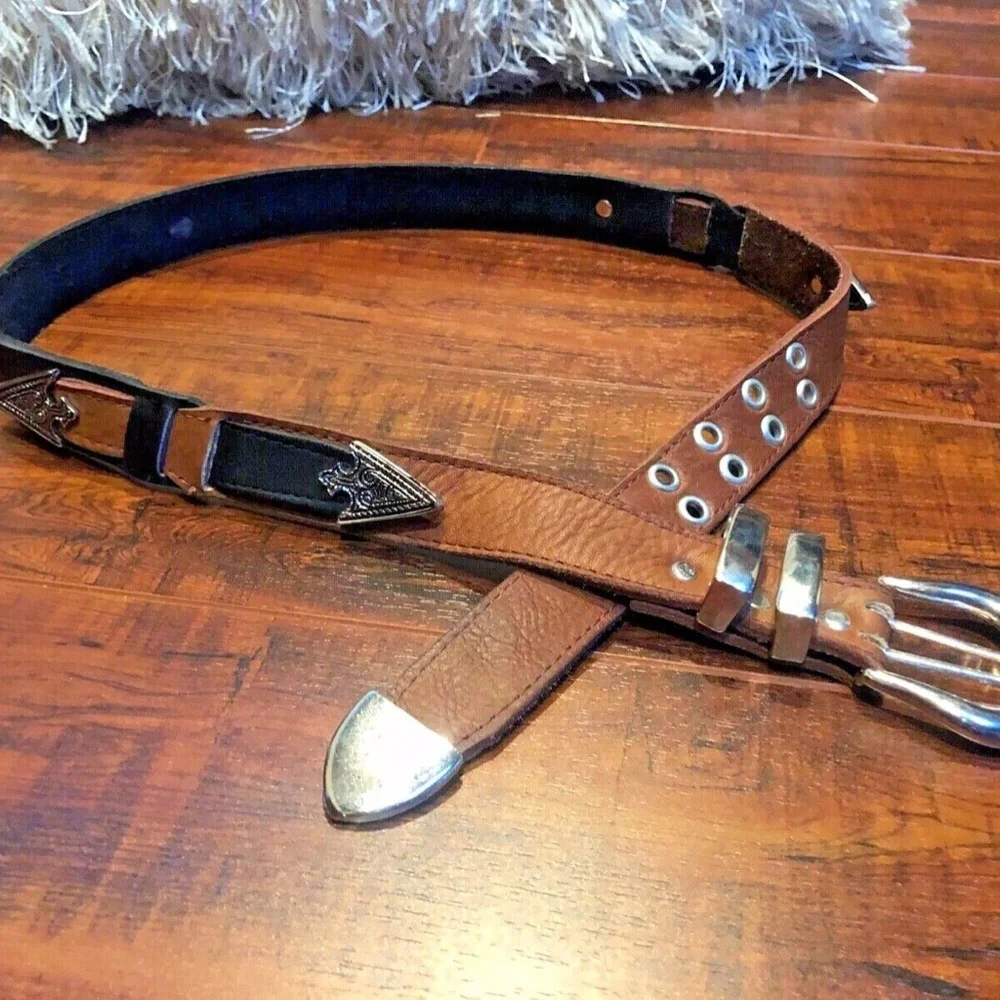 Vintage Black Brown Size M 32 Leather Southwestern Silvertone Hardware B…